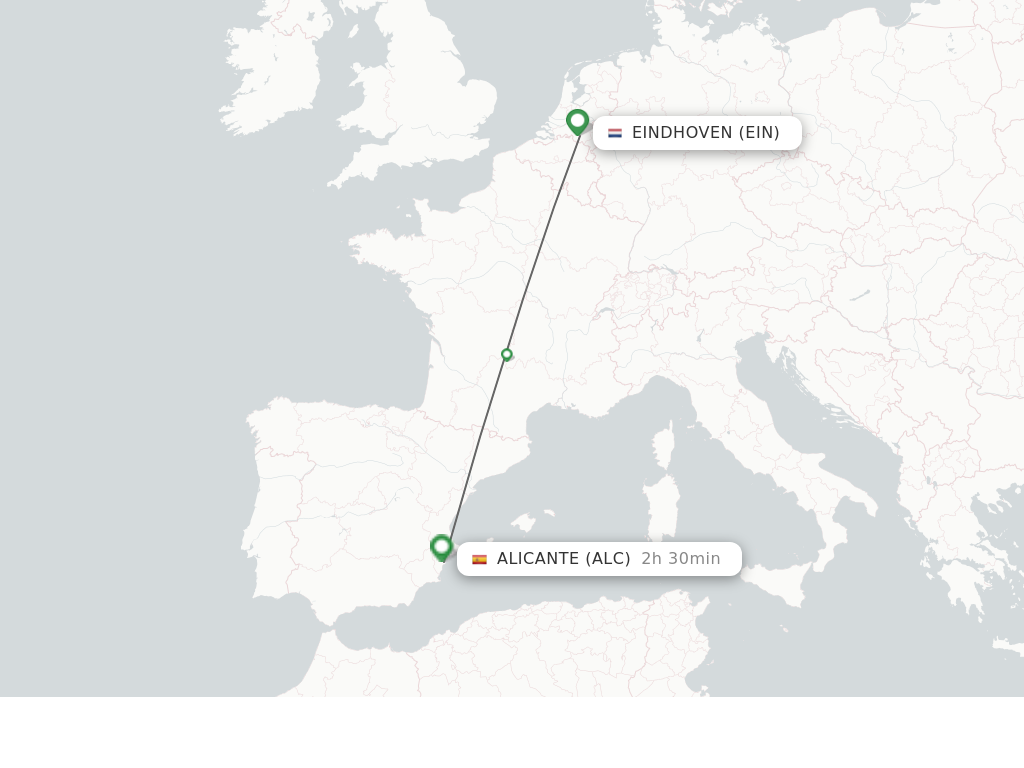 Flights from Eindhoven to Alicante route map