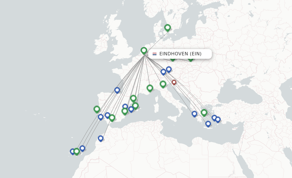 Route map with flights from Eindhoven with Transavia