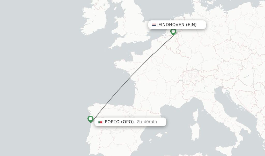 Flights from Eindhoven to Porto route map