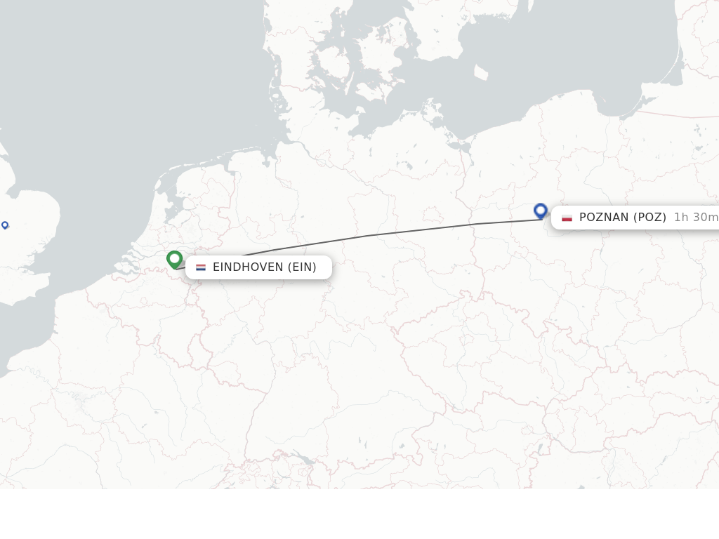 Flights from Eindhoven to Poznan route map