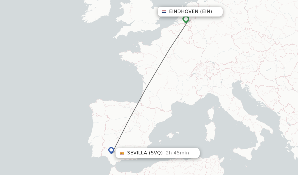 Flights from Eindhoven to Sevilla route map