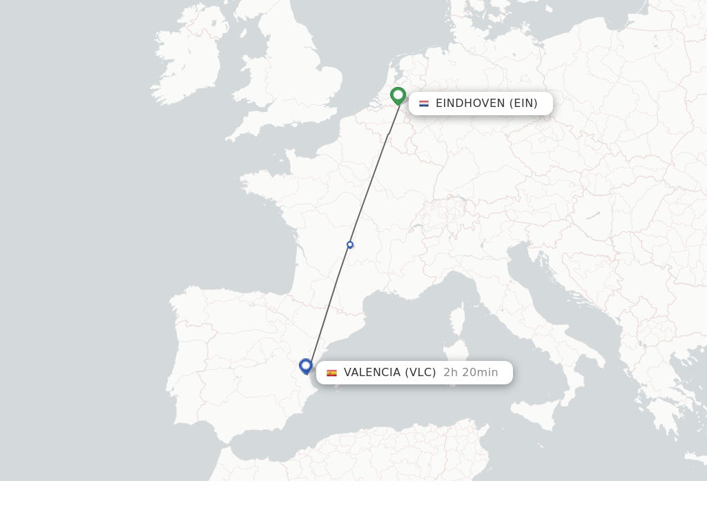 Flights from Eindhoven to Valencia route map
