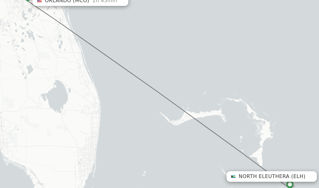 Flights from North Eleuthera to Orlando route map