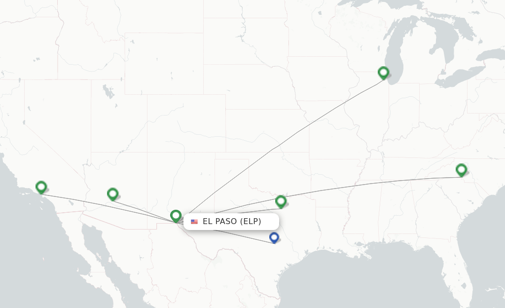 Route map with flights from El Paso with American Airlines