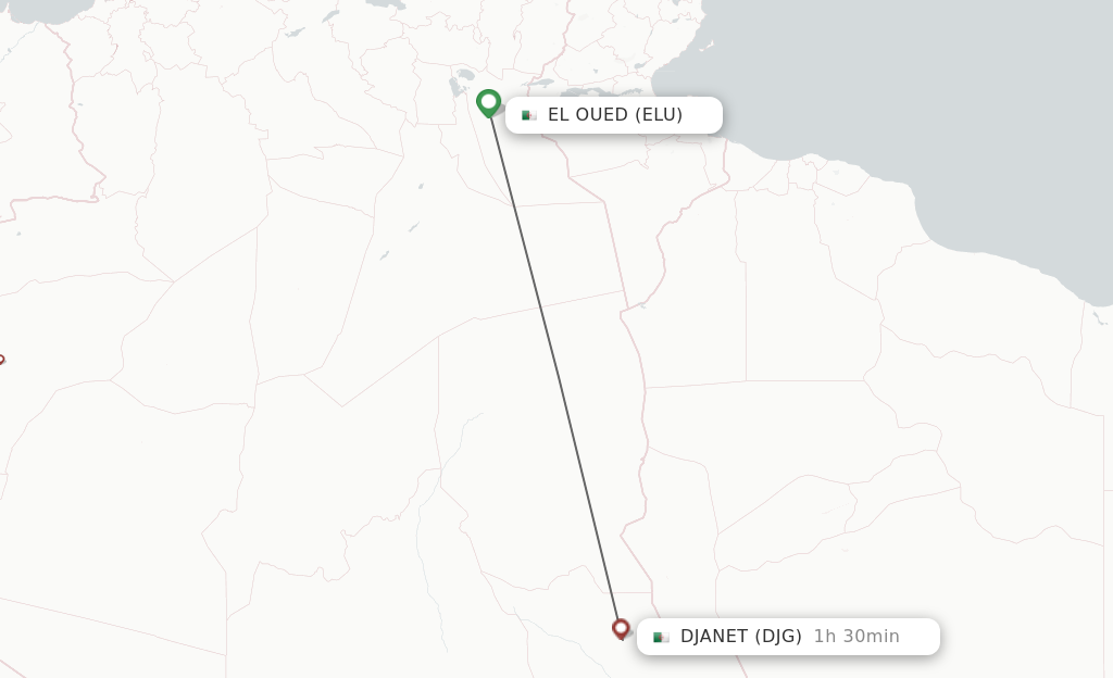 Flights from El Oued to Djanet route map