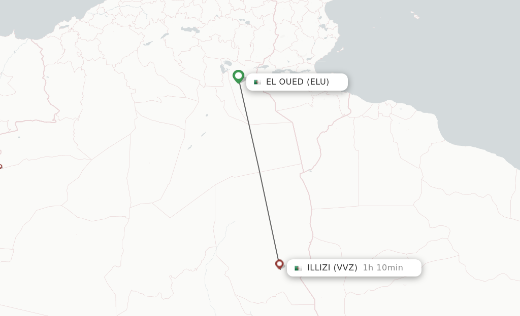 Flights from El Oued to Illizi route map