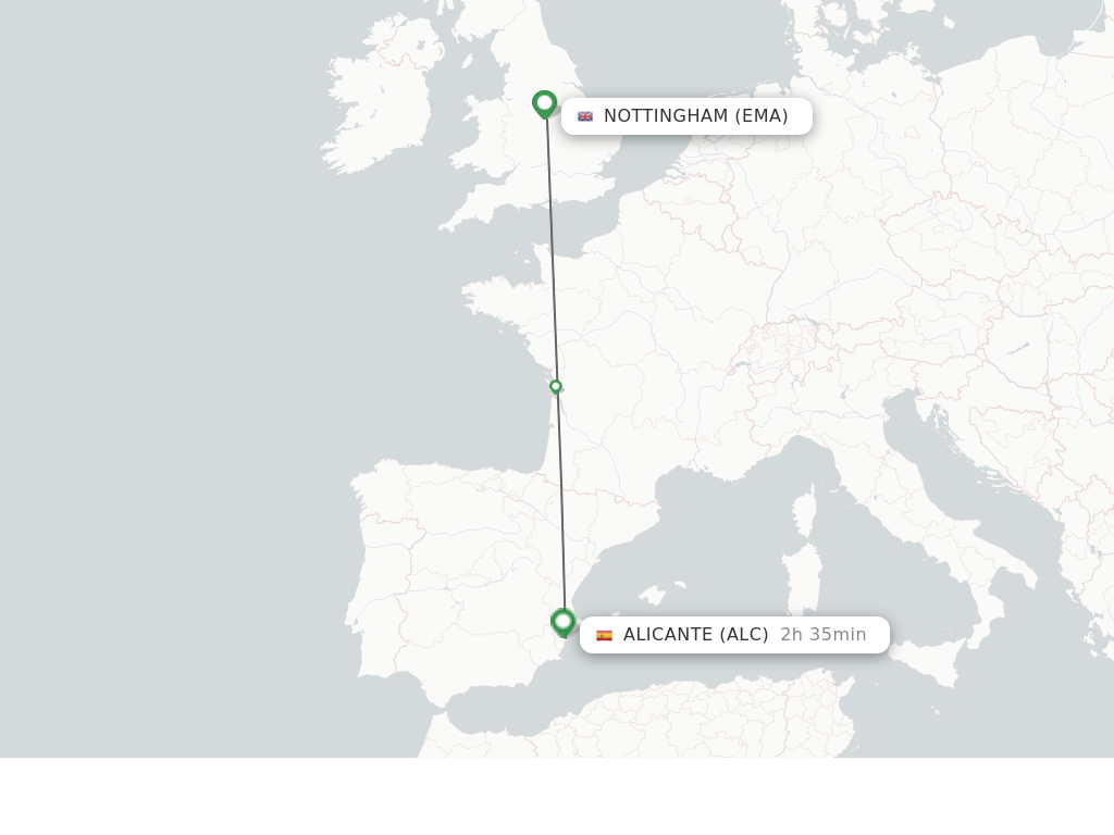Flights from Leicestershire to Alicante route map