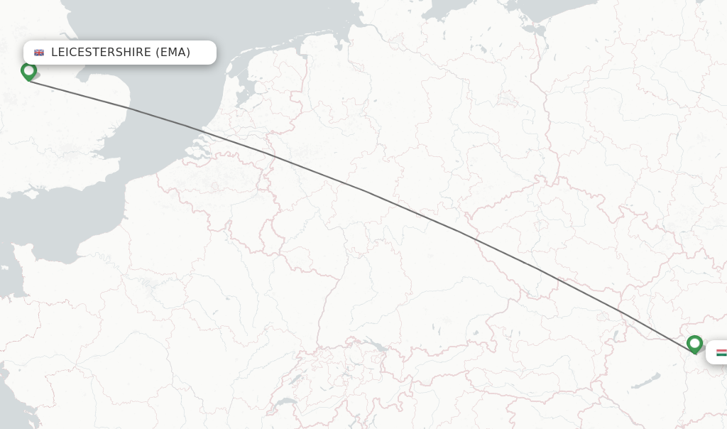Flights from Leicestershire to Budapest route map