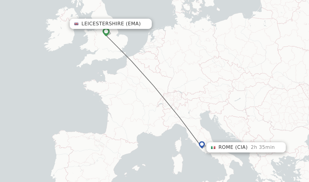Flights from Leicestershire to Rome route map