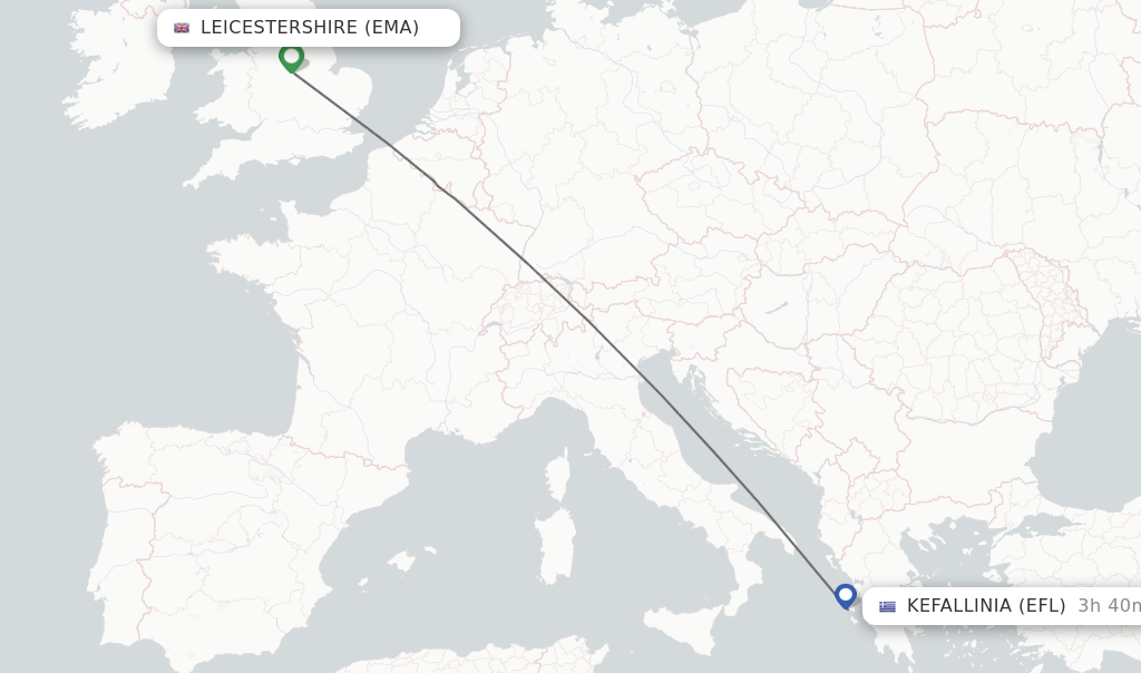 Flights from Leicestershire to Kefallinia route map