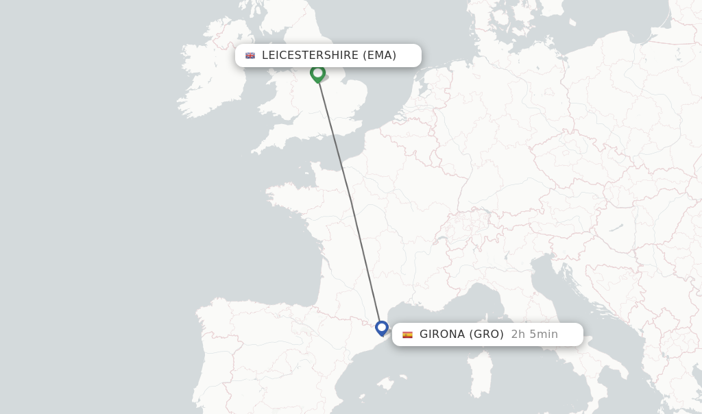 Flights from Leicestershire to Girona route map