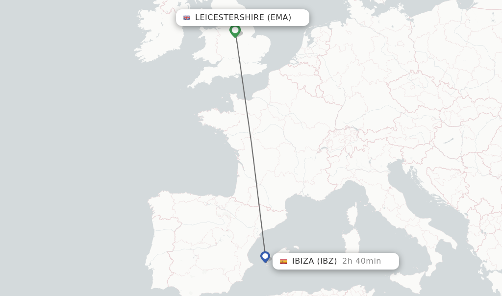 Flights from Leicestershire to Ibiza route map