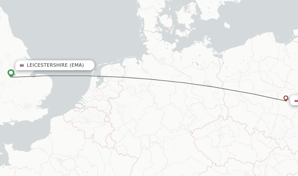 Flights from Leicestershire to Lodz route map