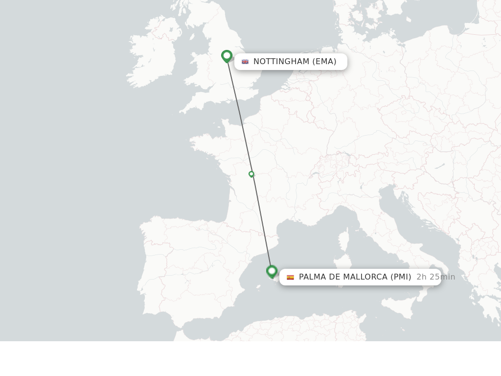 Flights from Leicestershire to Palma de Mallorca route map