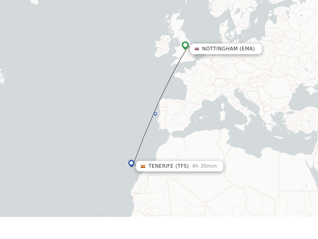 Flights from Leicestershire to Tenerife route map