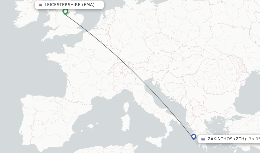 Flights from Leicestershire to Zakinthos route map