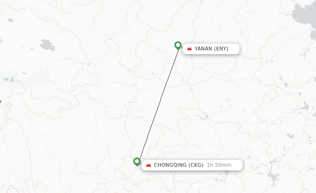 Flights from Yan'an to Chongqing route map
