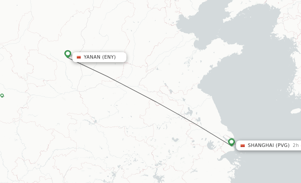 Flights from Yan'an to Shanghai route map
