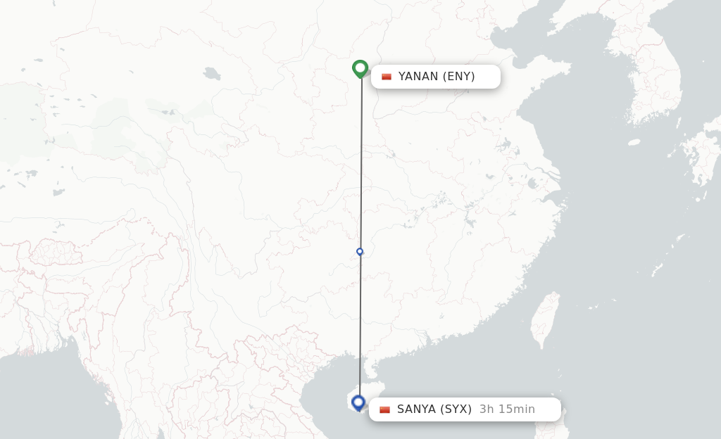 Flights from Yan'an to Sanya route map