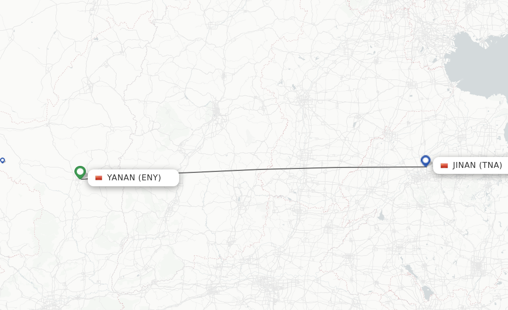 Flights from Yan'an to Jinan route map