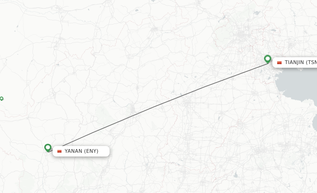 Flights from Yan'an to Tianjin route map