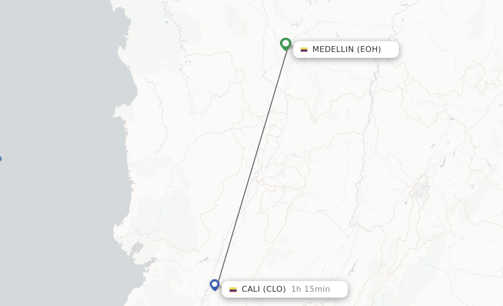 Flights from Medellin to Cali route map