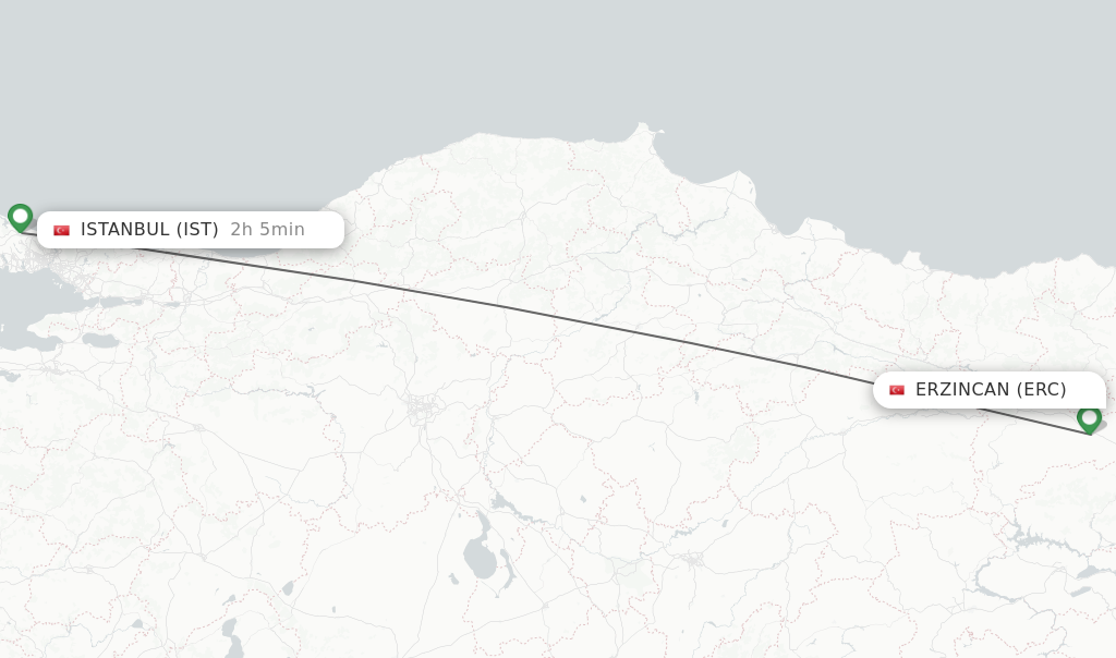 Flights from Erzincan to Istanbul route map