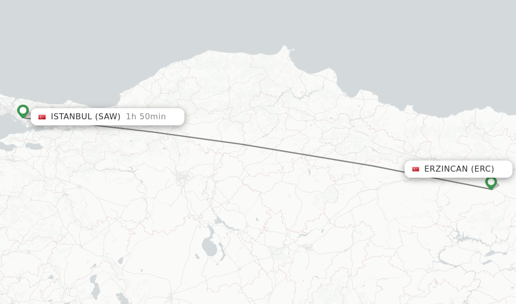 Flights from Erzincan to Istanbul route map