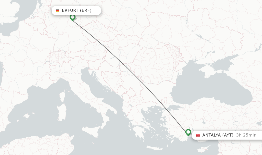 Flights from Antalya to Erfurt route map