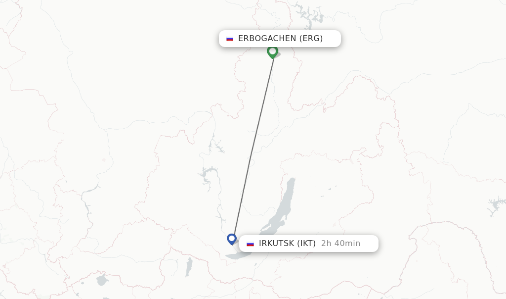 Flights from Erbogachen to Irkutsk route map