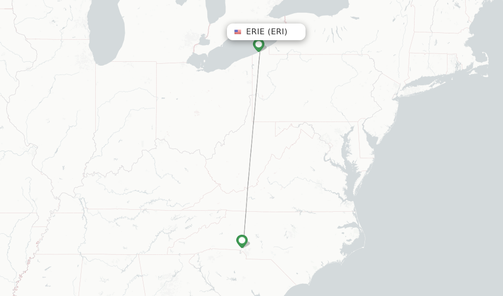 Route map with flights from Erie with American Airlines