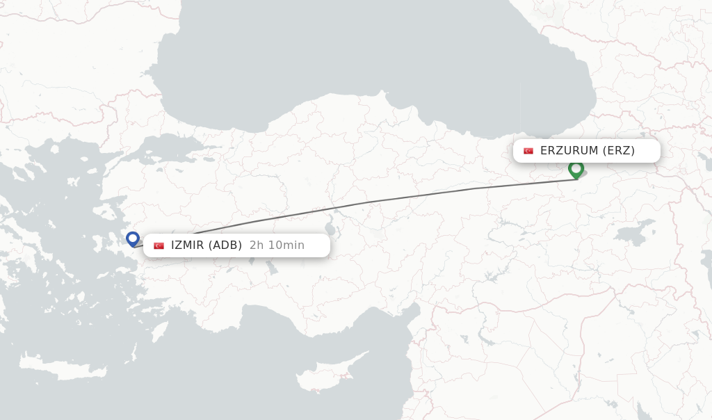 Flights from Erzurum to Izmir route map