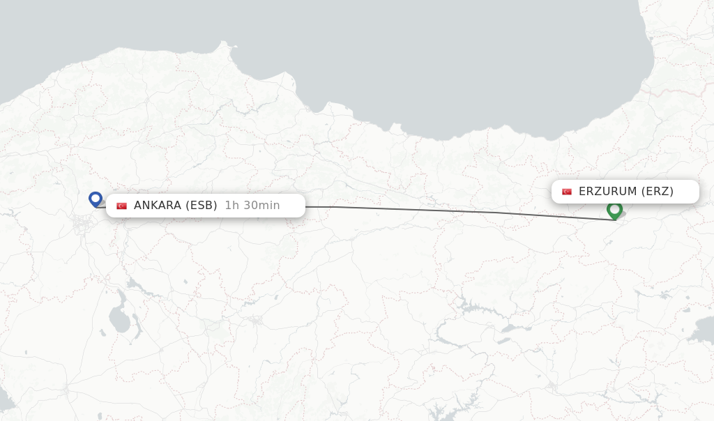 Flights from Erzurum to Ankara route map