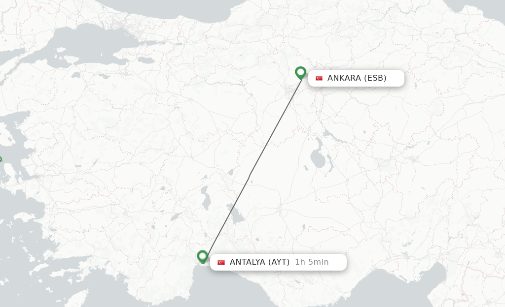 Flights from Ankara to Antalya route map