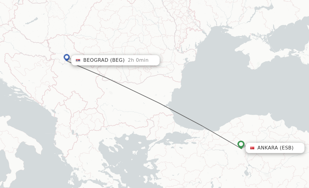 Flights from Ankara to Belgrade route map