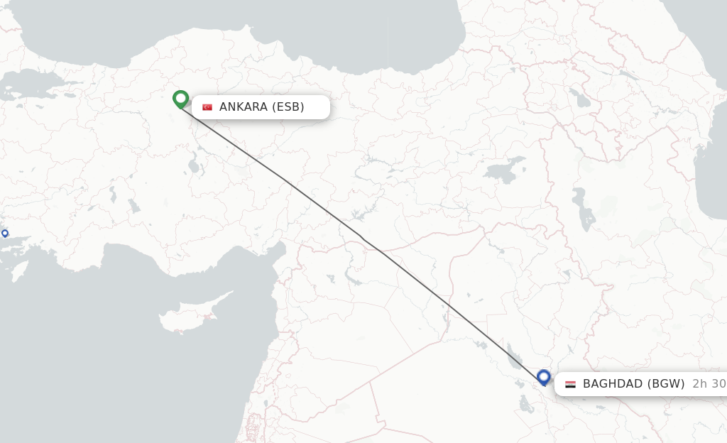 Flights from Ankara to Baghdad route map