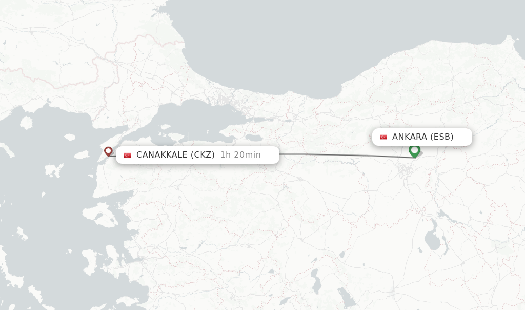 Flights from Ankara to Canakkale route map