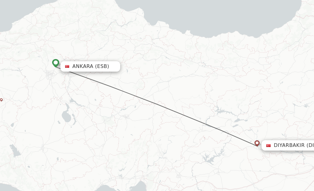 Flights from Ankara to Diyarbakir route map