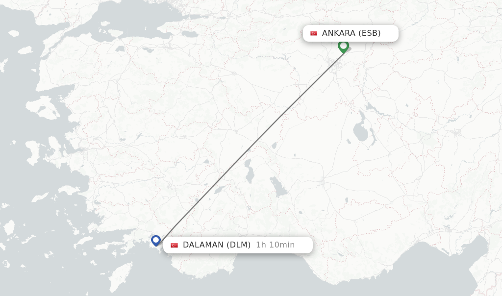 Flights from Ankara to Dalaman route map