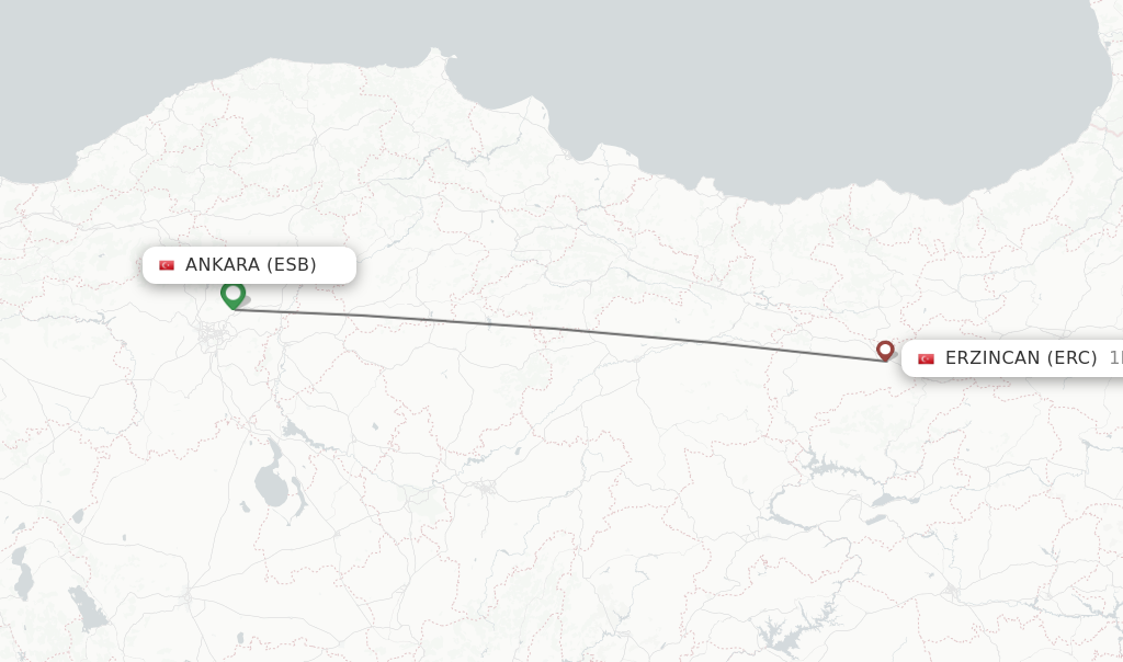 Flights from Ankara to Erzincan route map