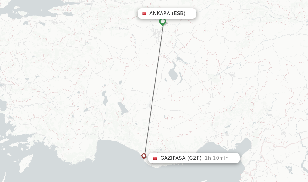 Flights from Ankara to Gazipasa route map