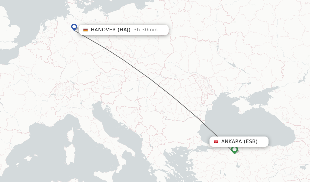 Flights from Ankara to Hanover route map