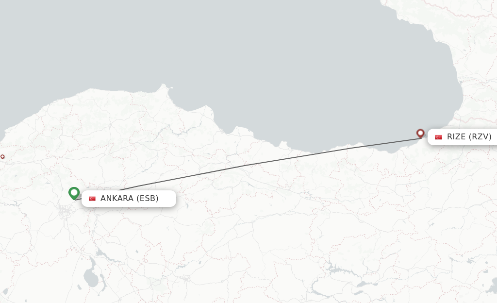 Flights from Ankara to Rize route map