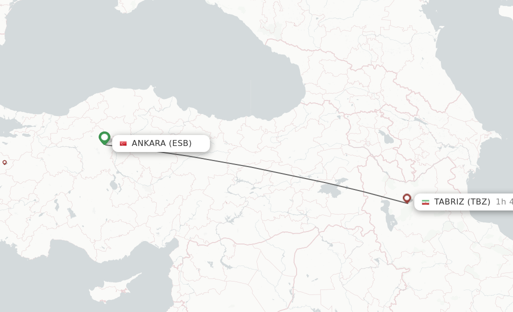 Flights from Ankara to Tabriz route map