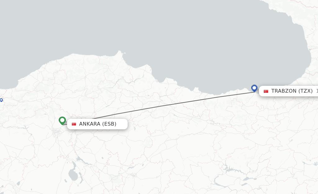 Flights from Ankara to Trabzon route map