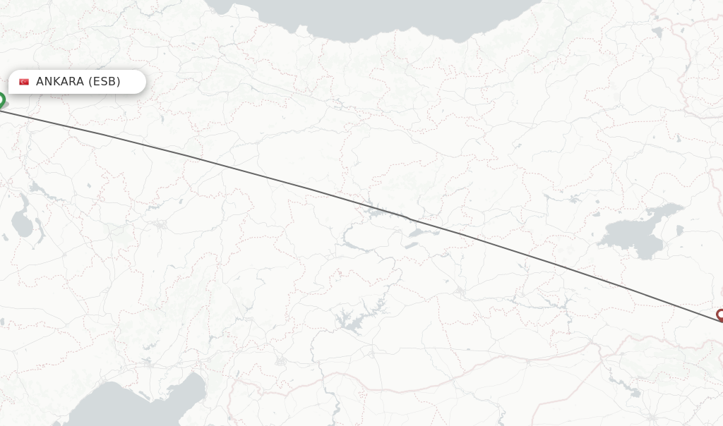 Flights from Ankara to Yuksekova route map