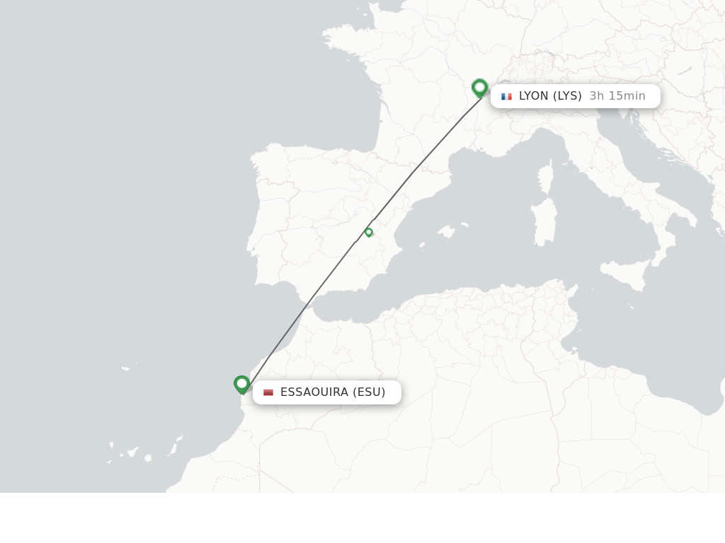 Flights from Essaouira to Lyon route map