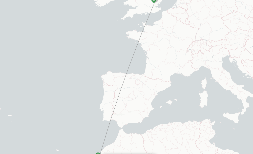Route map with flights from Essaouira with Ryanair UK