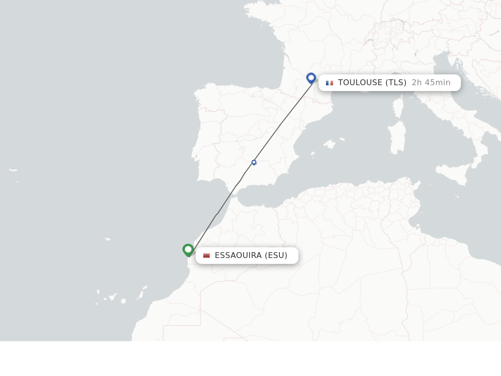 Flights from Toulouse to Essaouira route map