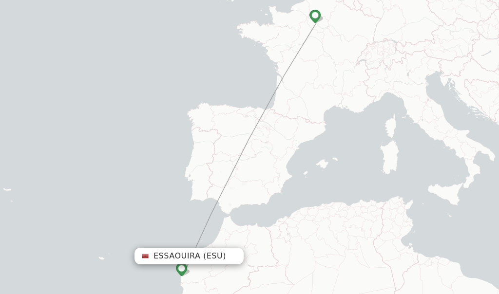 Route map with flights from Essaouira with Transavia France